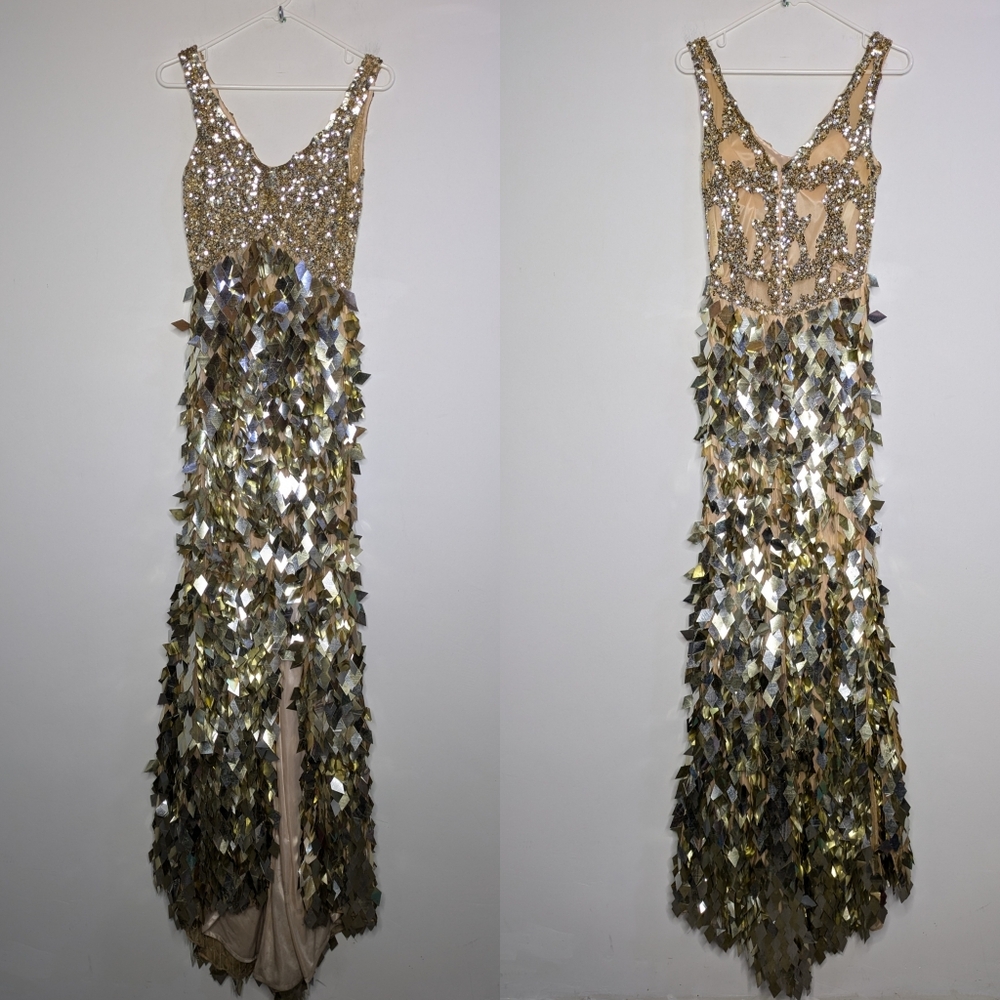 Primavera Gold Sequin V Neck Sleeveless Evening Event Gown 2